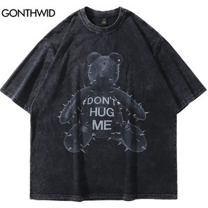 Don't Hug Me Bear Y2K Graphic Oversized Hip Hop Men's T-Shirt, Harajuku Cotton Tee, Vintage Washed Black, Streetwear Punk Gothic T-Shirt