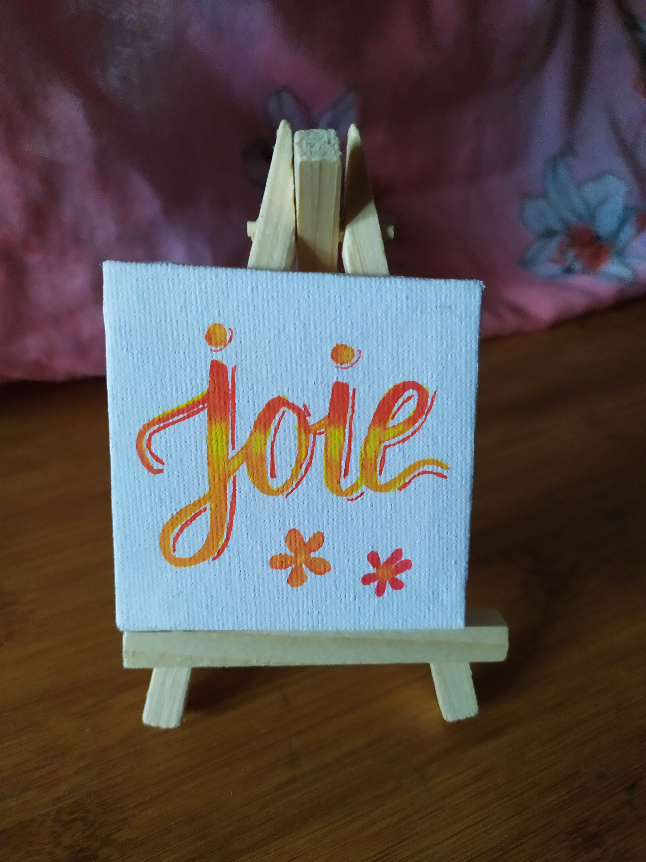 Mini Tableau Toile Calligraphié Du Mot Joie Couleur Orangée