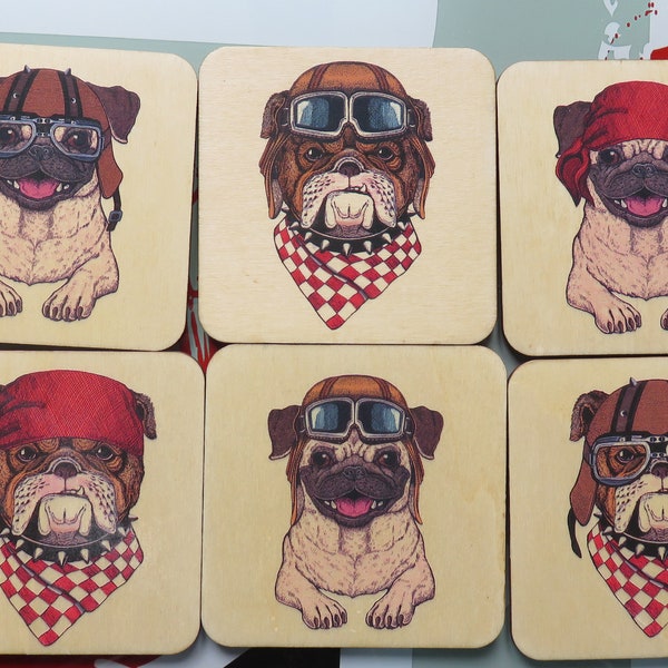 6 dessous de verre en couleur, coaster "chien" bois 5mm