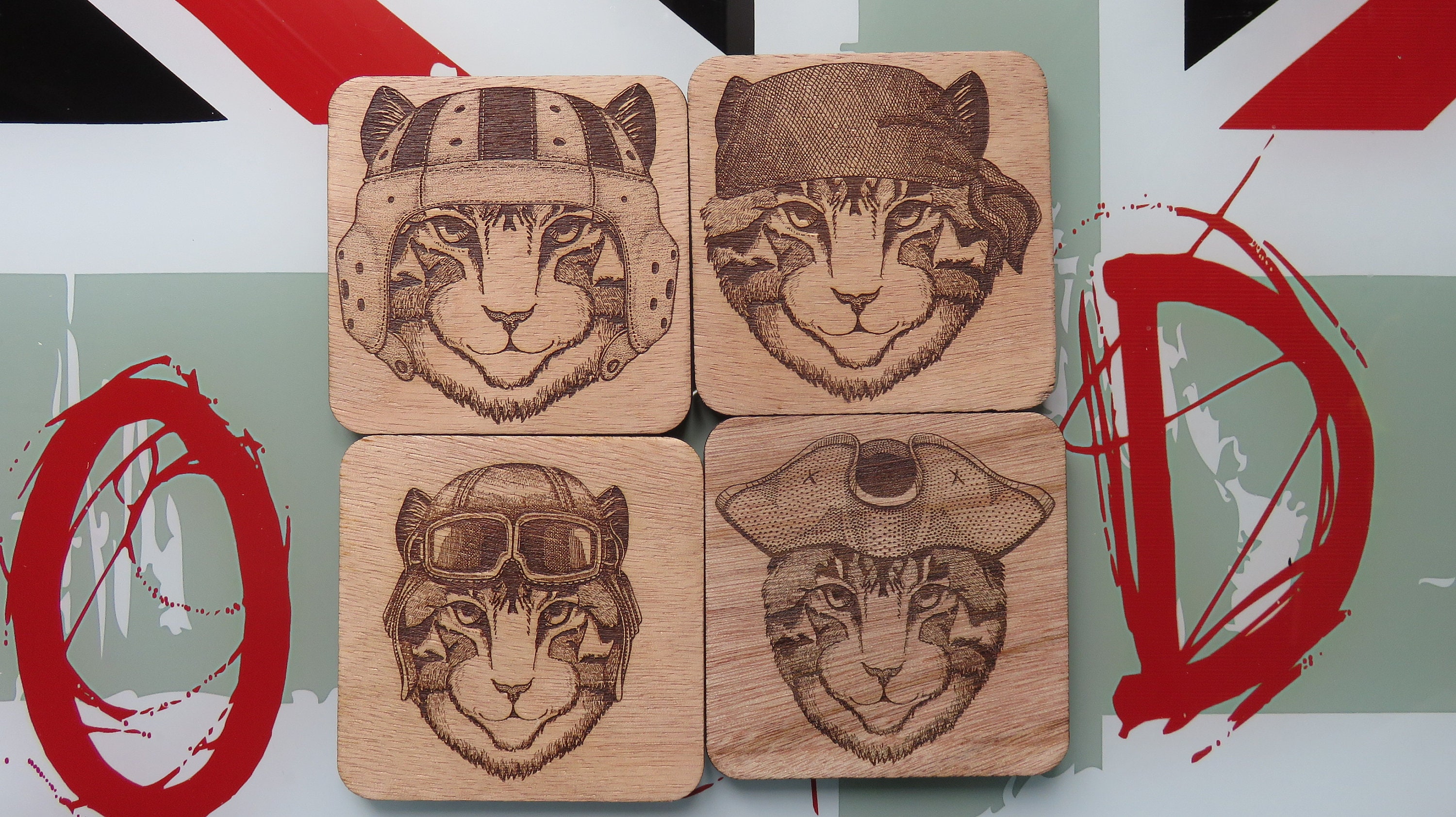 Dessous de Verre, Coaster Chats Casqués Bois 5mm