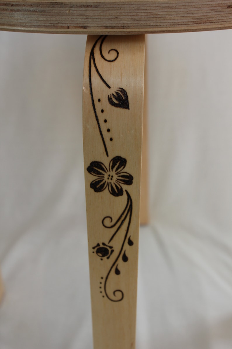 Pyrography Stool Coffee Table Circular Flowers Butterflies