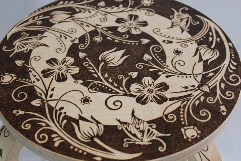 Pyrography Stool Coffee Table Circular Flowers Butterflies
