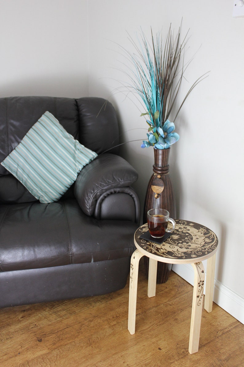 Pyrography Stool Coffee Table Circular Flowers Butterflies