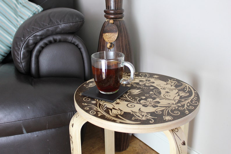 Pyrography Stool Coffee Table Circular Flowers Butterflies