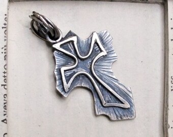 Leaning cross Christian baptism silver medal, religious pendant cross rays of light, rustic pendant symbol crucifixion Jesus