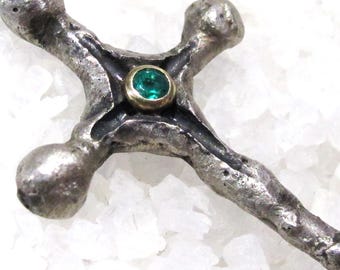 Emerald silver cross, brutalist sacred oxidized molten silver