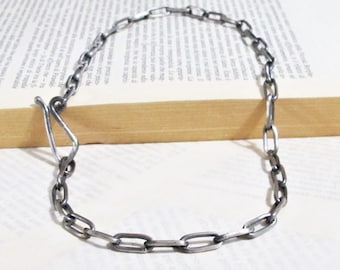 Rustic oxidized forged silver Viking necklace, men's knitted and chain necklace, black silver brutalist necklace