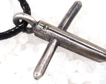 Sapphire cross, brutalist sacred oxidized molten silver