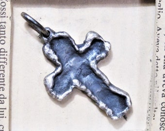 Leaning man cross Viking silver rustic, pendant cross silver oxidized fused edges, religious pendant