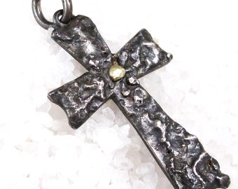 Pendant Cross, Sacred Brutalist Silver Cast Oxidized