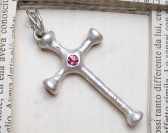 Pendant man Cross silver garnet middle ages, pendant silver rustic organic, religious pendant precious gem, pendant baptism
