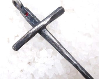 Ruby cross, sacred brutalist oxidized molten silver