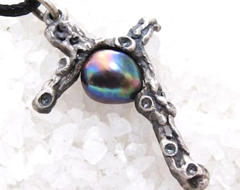 Brutalist silver men's cross with pearl, Christian Catholic forged raw
