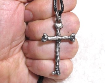 Men's silver cross, raw forged femur and tibia bones