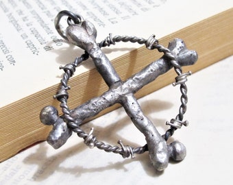 Viking Sun Wheel Pendant, Barbed Wire, Bones, Norse Cross Oxidized Silver, Rustic Pendant Cross Barbed Wire, Human Bone Pendant