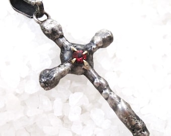 Men's silver cross, garnet, Christian Catholic forged raw