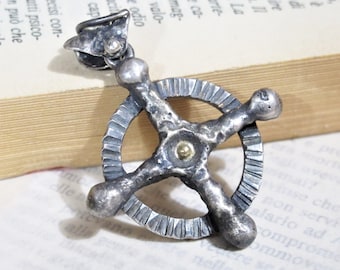 Hanging viking sun cross molten silver, silver pendant rustic black sun, oxidized silver pagan cross, solar wheel
