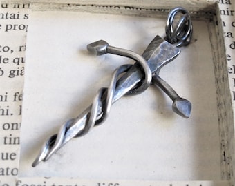 Hanging man cross sword vipere rustic oxidized, pendant cross snakes, pendant caduceus, silver dage