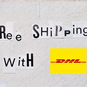 Pu&ograve; includere: Uno sfondo bianco con le parole "Free Shipping with DHL" in lettere nere. Il logo DHL &egrave; su un quadrato giallo con una striscia rossa.
