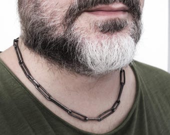 Oxidized silver necklace, hammered forged chain