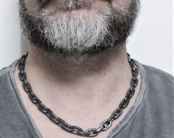 Tommy Lee Chain, Heavy Black Silver Chunky Link Necklace, Rustic Brutalist Men's Necklace, Forged Metal
