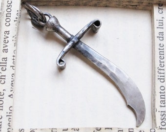 Game of Thrones pendant cross oxidized silver sword, Berber scimitar pendant, handcrafted sword pendant, medieval sword pendant