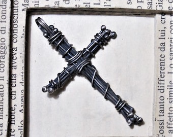 Men's pendant rustic silver oxidized, pendant Celtic cross multiwire silver black, silver braided threads
