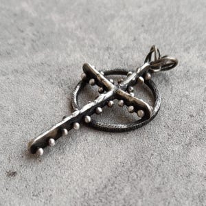 Pendant for men Celtic cross oxidized silver, rustic pendant studs nails, brutalist pendant black silver, religious pendant