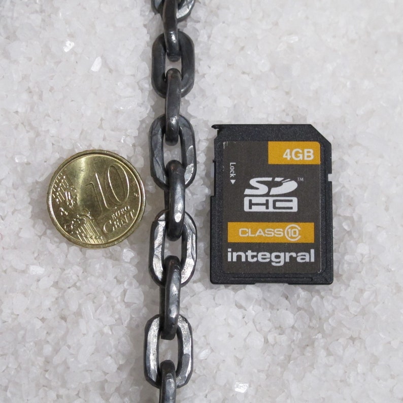 Pu&ograve; includere: Primo piano di una catena argentata e una scheda di memoria SDHC da 4 GB di classe 10 del marchio Integral. La scheda di memoria &egrave; nera con testo bianco e un logo giallo.