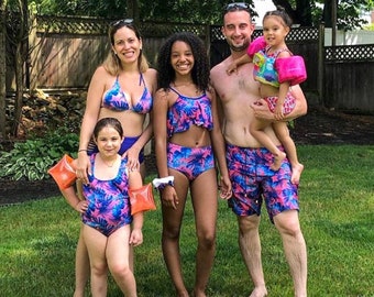 Family Matching Tropical Paradise Banana Leaves Swimwear Swimsuit Bathing Suit Trunks, Family gift