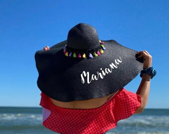 10 inch Wide Brim Straw  Hats Sequin floppy Hat - Personalized floppy summer hat- Vinyl Personalized Sun Hat - Floppy Beach hat- Women Hat