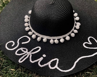 Black Personalized Custom Beach Straw Floppy Color Sequin Pom Pom Summer Sun hat.