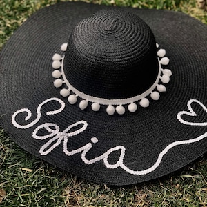 Black Personalized Custom Beach Straw Floppy Color Sequin Pom Pom Summer Sun hat.