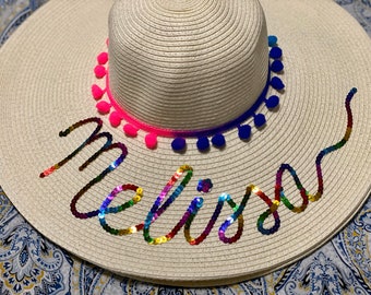 Baby , Toddler, Young Girls Sequin hats  - Personalized sun hat - Floppy beach hat - Pom Pom Sunhat Gift - Sequin floppy hat- sequin hat