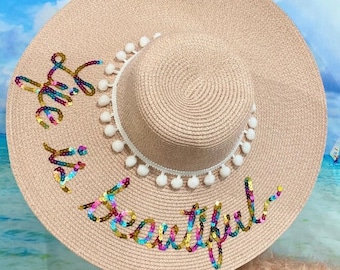 Personalized Custom Beach Floppy  Multicolor Sequin Pom Pom Floppy Straw Sun hat