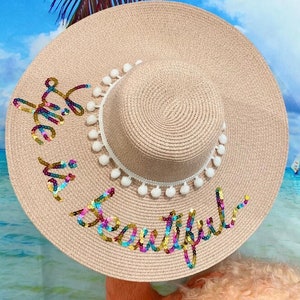 Personalized Custom Beach Floppy Multicolor Sequin Pom Pom Floppy Straw Sun hat image 1