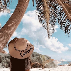 Personalized Straw Pom Pom Floppy Vinyl Personalized Beach Summer Sun Hat - Honeymoon hat - Bride gift - Pom Pom Sunhat Gift - Tassel Sunhat