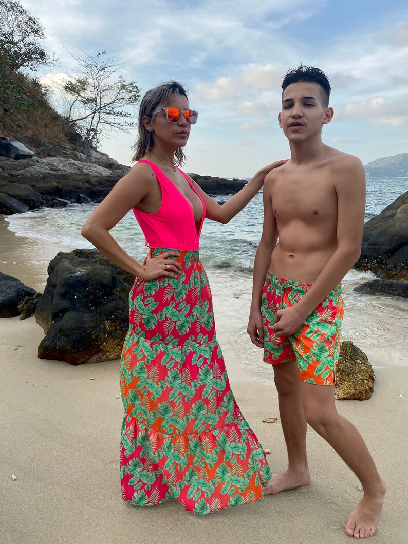 Matching Couples Tropical Banana Leaves Swimsuit Swimwear Swimming Trunks Set, Couples Gift, his and hers gift, matching gifts. 