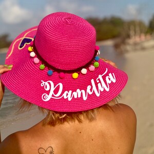Fuchsia Personalized Custom Beach Straw Floppy Color Vinyl Pom Pom Summer Sun hat.