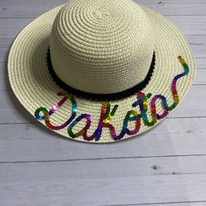 Personalized Custom Beach Floppy Multicolor Sequin Pom Pom Floppy Straw Sun hat image 9