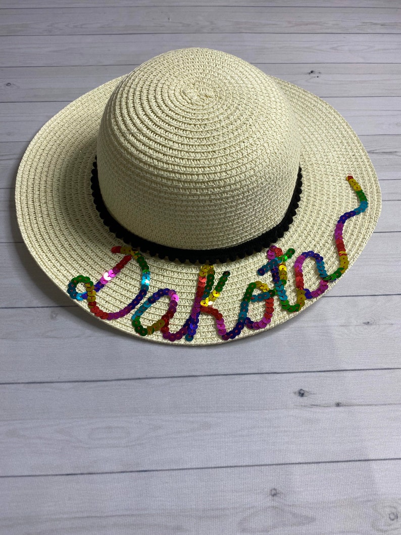 Personalized Custom Beach Floppy Multicolor Sequin Pom Pom Floppy Straw Sun hat image 9