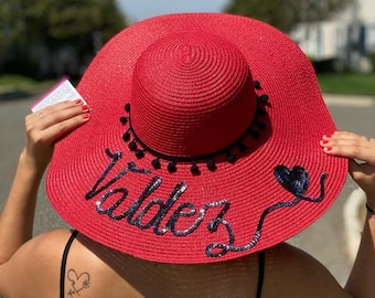 Personalized Red Straw Floppy Hat – Beach Sun Hat with Vinyl Lettering