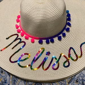 Personalized Custom Beach Floppy Multicolor Sequin Pom Pom Floppy Straw Sun hat image 5