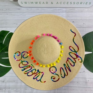 Personalized Custom Beach Floppy Multicolor Sequin Pom Pom Floppy Straw Sun hat image 7