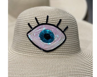 Sequin Evil Eye Straw Floppy Hat – Personalized Summer Sun Hat