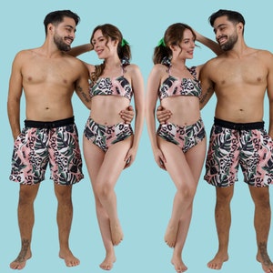 Couples Matching Swimsuits Swimwear In Print URBAN JUNGLE Bride gift Bathing Suit Trunks, vacation gift