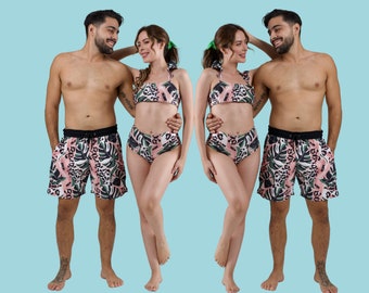 Couples Matching Swimsuits Swimwear In Print URBAN JUNGLE Bride gift Bathing Suit Trunks, vacation gift