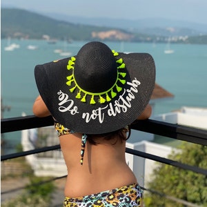 Black Personalized Custom Beach Straw Floppy Color Vinyl Pom Pom Tassel Summer Sun hat.