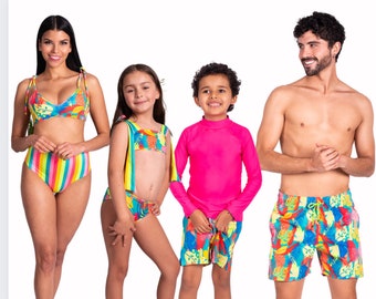 Maillots de bain tropical fluo assortis pour la famille Maillot de bain, tenue familiale assortie, bain SPF