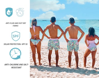 New Custom Family Matching Pink Lemonade Lemons Tropical Swimwear Swimsuit Bathing Suit Trunks, Original Family gift, SPF rashguard swimwear